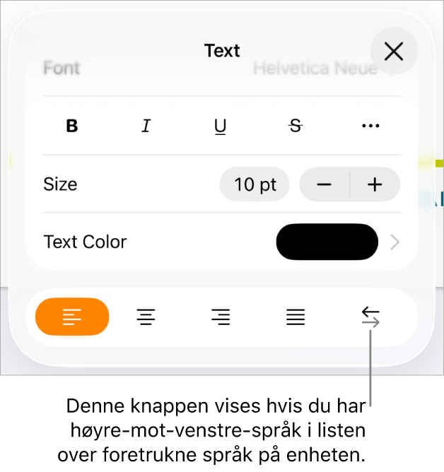 Tekstkontroller i Format-menyen med en bildeforklaring som peker på Høyre til venstre-knappen.