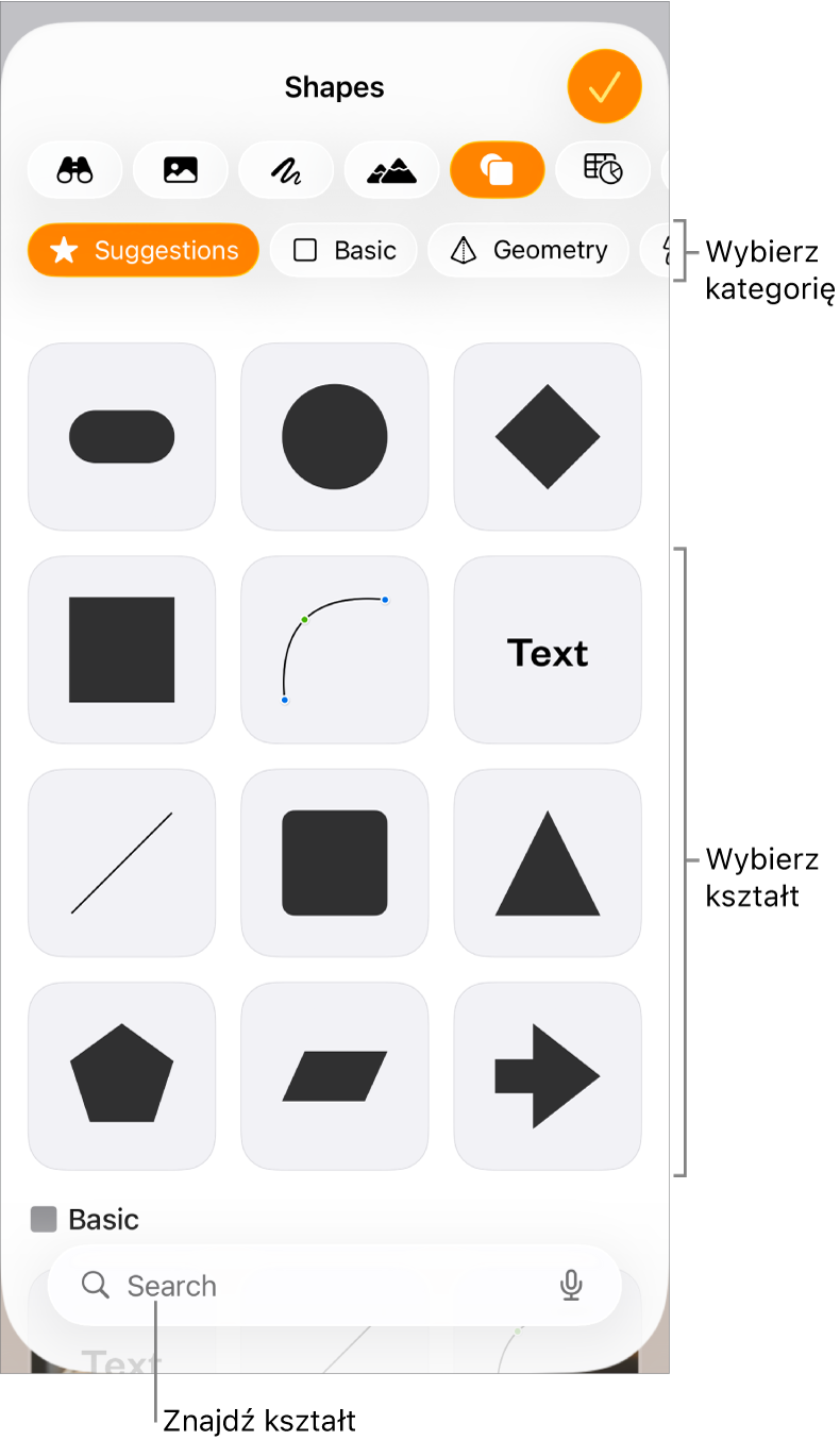 Biblioteka kształtów, na górze widoczne są kategorie, a na dole kształty. Możesz użyć znajdującego się na górze przycisku wyszukiwania, aby wyszukiwać kształty. Przesuń, aby zobaczyć ich więcej.