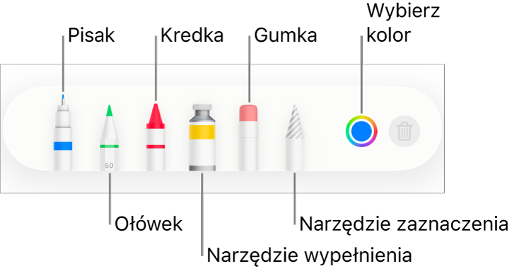 Pasek narzędzi rysowania w Pages na iPhonie: pisak, ołówek, kredka, wypełnianie, gumka i zaznaczanie. Oprócz nich widoczna jest także paleta kolorów, zawierająca bieżący kolor.