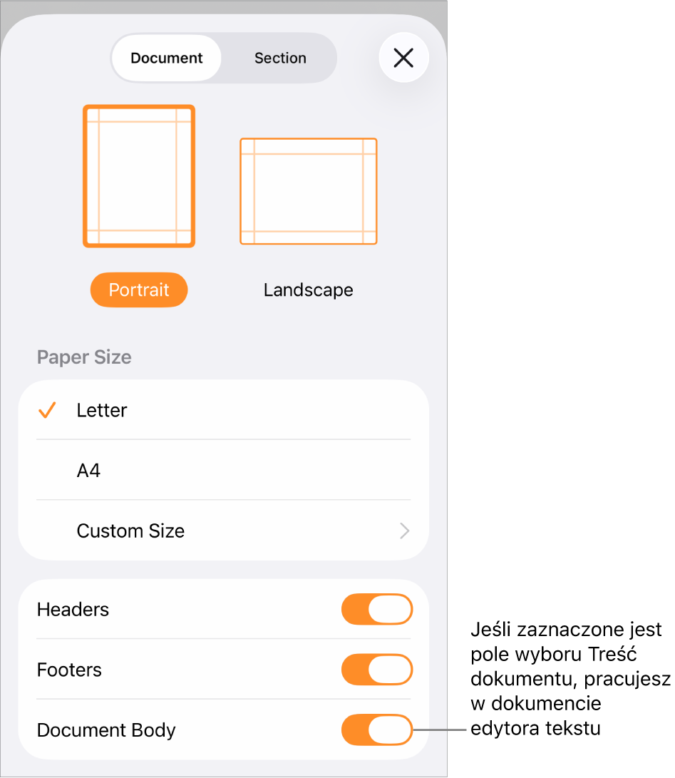 Otwarte Ustawienia dokumentu z włączoną opcją Treść dokumentu w dokumencie edytora tekstu.