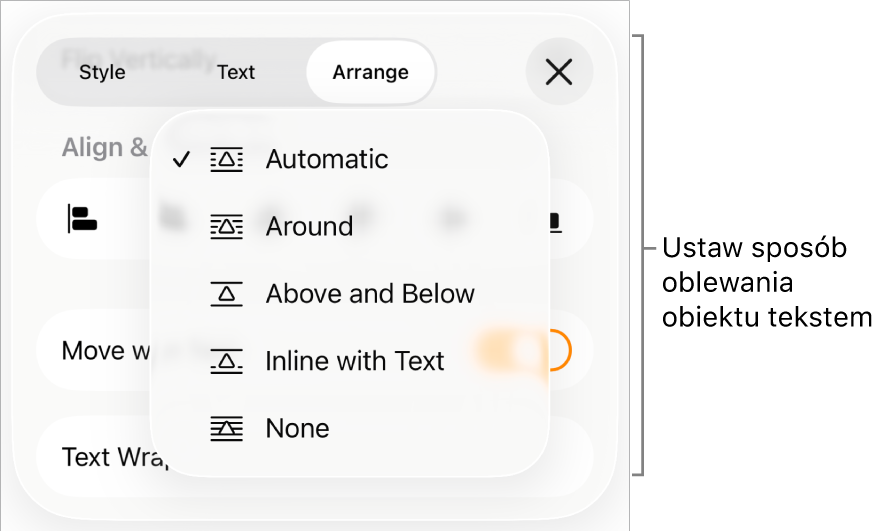 Narzędzia oblewania tekstem z ustawieniami: Automatyczne, Dookoła, Nad i pod, Osadzony w tekście oraz Brak.