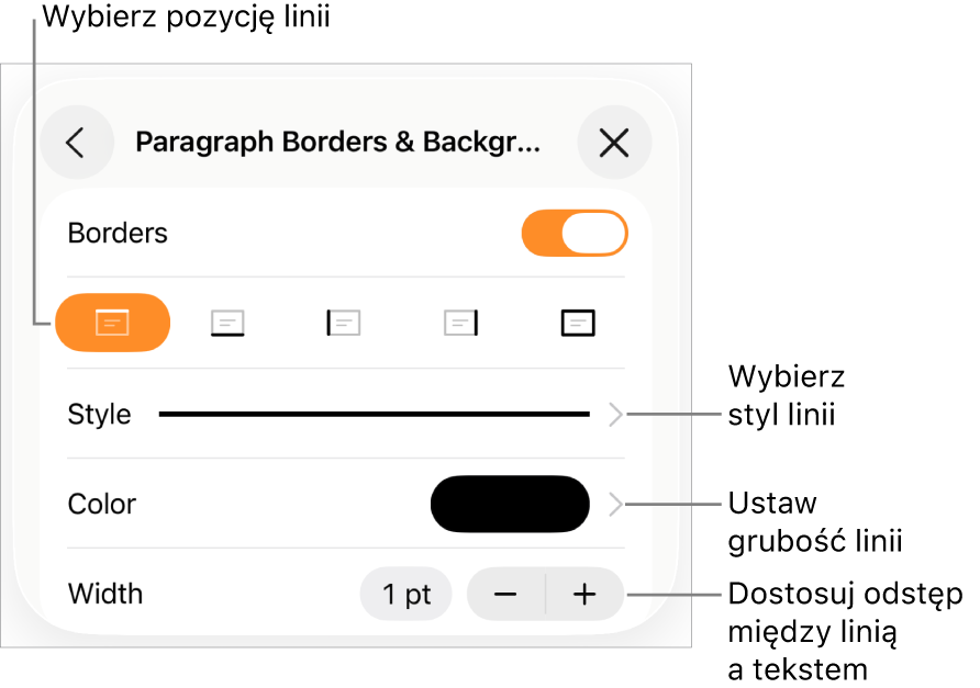 Narzędzia zmieniania stylu, grubości, pozycji i koloru linii.