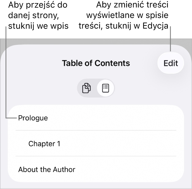 Widok spisu treści zawierający listę nagłówków. W prawym górnym rogu widoczny jest przycisk Edycja. Na dole znajdują się przyciski Miniaturki stron oraz Spis treści.