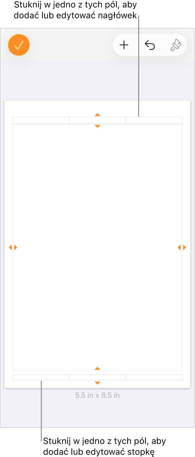 Widok Więcej opcji, zawierający trzy pola na górze dokumentu, przeznaczone na nagłówki, a także trzy pola na dole dokumentu, przeznaczone na stopki.