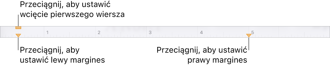 Linijka z etykietami wskazującymi znacznik lewego marginesu, znacznik wcięcia pierwszego wiersza oraz znacznik prawego marginesu.