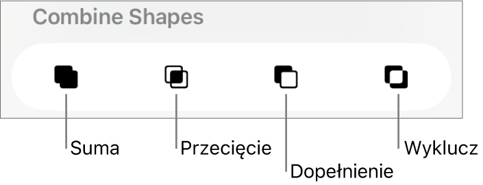 Przyciski Suma, Przecięcie, Dopełnienie, Wyklucz, znajdujące się poniżej etykiety Połącz kształty.