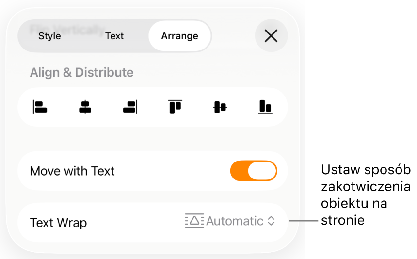 Narzędzia porządkowania: Przenoś z tekstem i Oblewanie tekstem.
