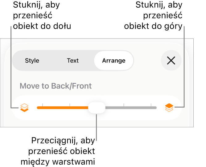 Przycisk przenoszenia niżej, przycisk przenoszenia wyżej i suwak warstw.
