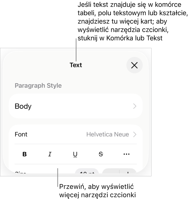 Narzędzia tekstów w menu Format służą do ustawiania stylów akapitu i znaków oraz czcionek ich wielkości i koloru.