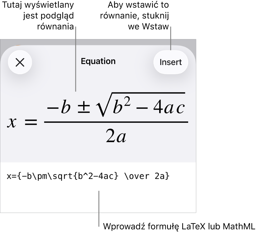 Pole dialogowe Równanie, zawierające równanie zapisane przy użyciu języka MathML. Powyżej widoczny jest podgląd tego równania.