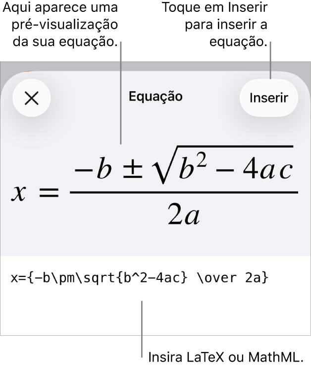 O diálogo de Equação, mostrando uma equação escrita com comandos MathML e uma pré-visualização da fórmula acima.