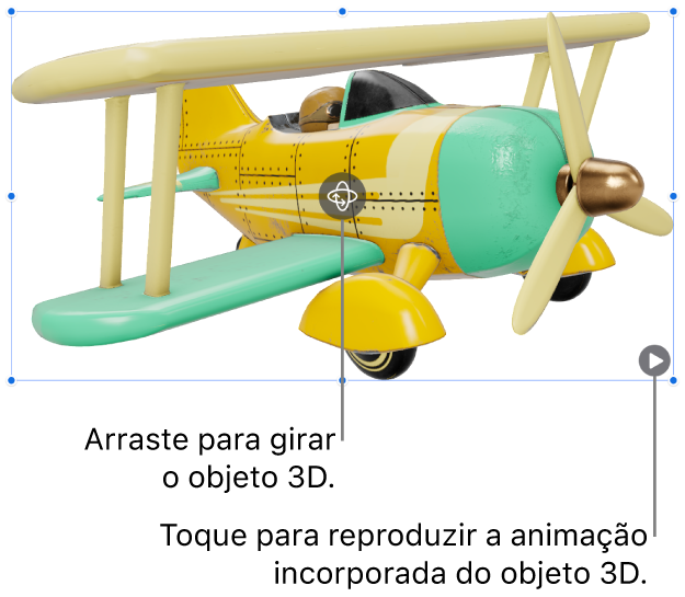 Objeto 3D com o botão Girar no meio do objeto e o botão Reproduzir no canto inferior direito.