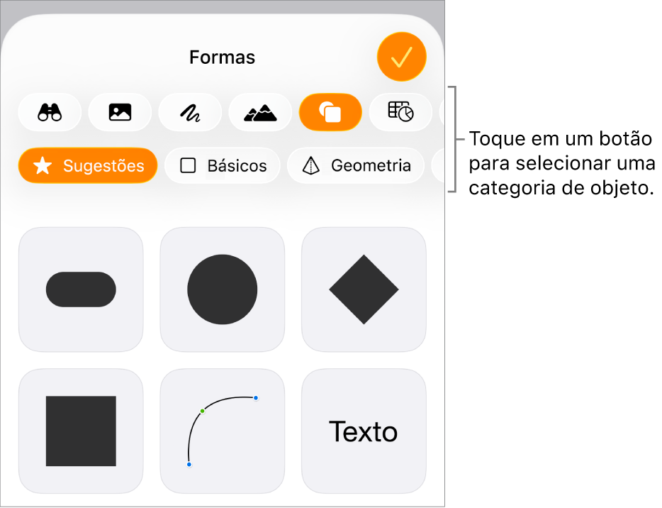 Controles de Inserir abertos com botões na parte superior para adicionar tabelas, gráficos, texto, formas e mídia.