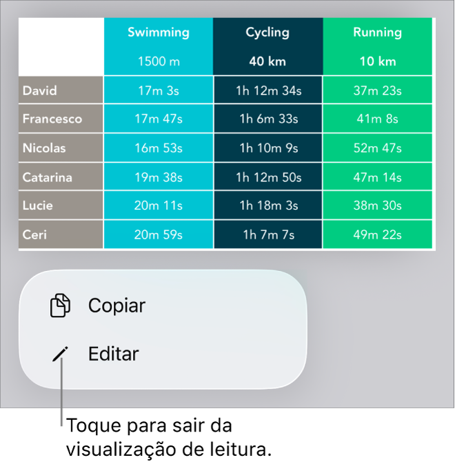 Uma tabela está selecionada e abaixo dela está um menu com os botões Copiar e Editar.