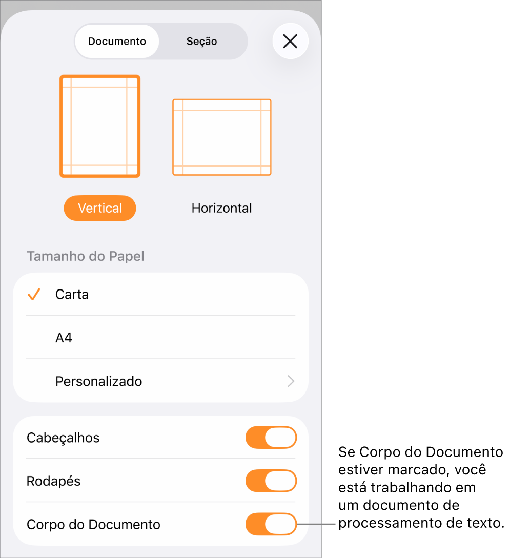 Configuração do Documento aberta com a opção Corpo do Documento marcada em um documento de processamento de texto.