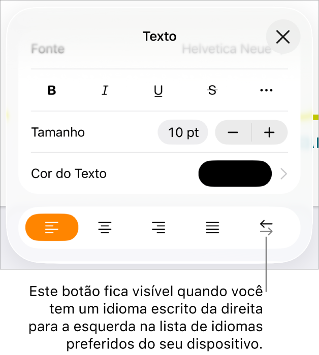 Controles de texto no menu Formatar com uma chamada apontando para o botão da esquerda para a direita.