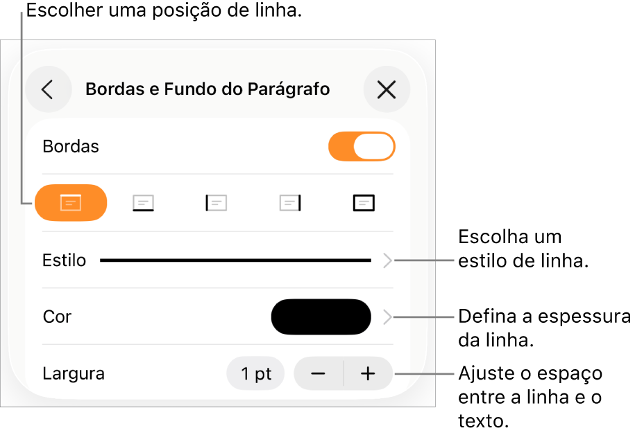 Controles para alterar o estilo, a espessura, a posição e a cor da linha.