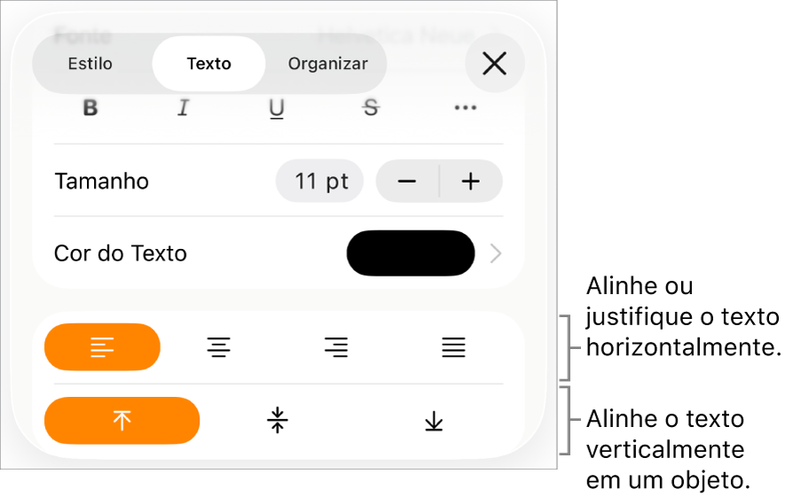 Painel Layout, com chamadas para os botões de alinhamento e espacejamento de texto.