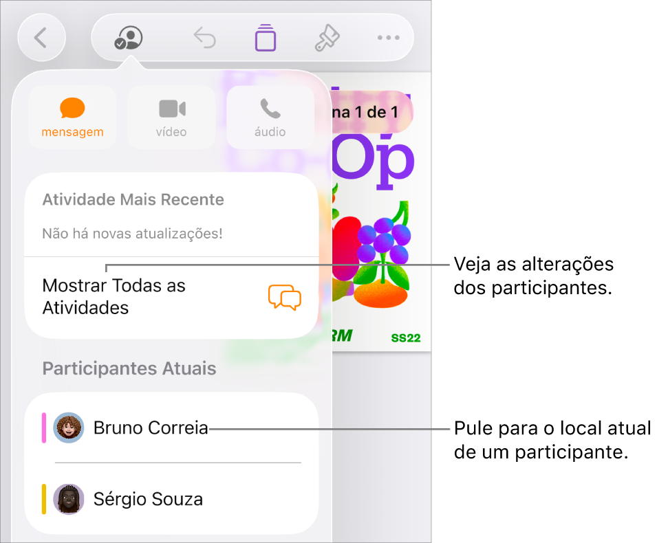 Menu de colaboração com participantes atuais listados.