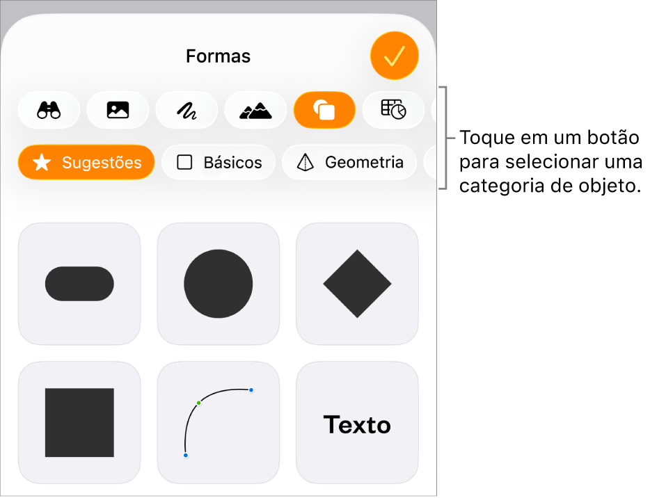 Os controles para adicionar um objeto, com botões na parte superior para selecionar tabelas, gráficos, formas (incluindo linhas e caixas de texto) e mídia.