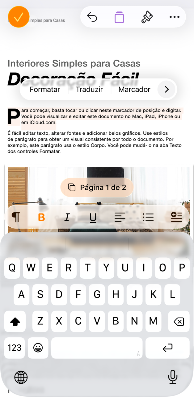 Em um documento aberto, um modelo de texto marcador de posição está selecionado.