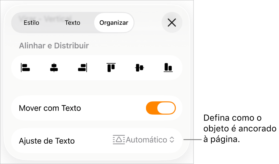 Controles em Organizar, com “Mover com Texto” e “Ajuste de Texto”.