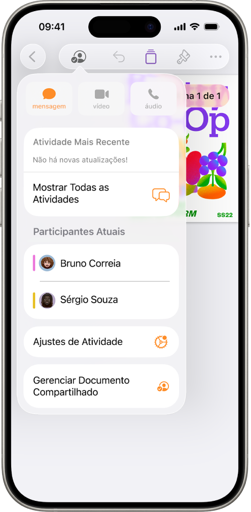 Menu de colaboração mostrando os nomes das pessoas que estão colaborando no documento.