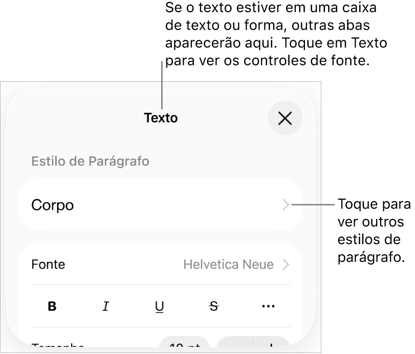 O menu Formatar, mostrando controles de texto para definir estilo, fonte, tamanho e cor de caractere e parágrafo.