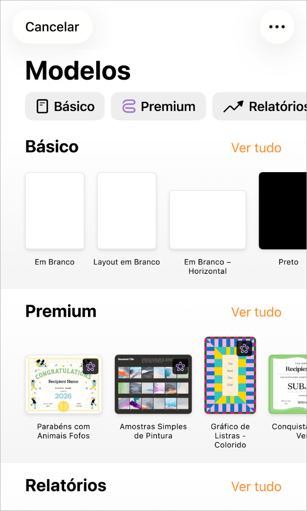 Seletor de modelos, mostrando uma linha de categorias na parte superior na qual você pode tocar para filtrar as opções. Abaixo estão miniaturas de modelos predefinidos organizadas em linhas por categoria, começando com Novo na parte superior e seguidas por Recentes e Básico. O botão Ver Tudo aparece acima e à direita de cada linha de categoria. O botão Idioma e Região está no canto superior direito.