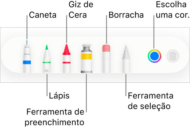 Barra de ferramentas de desenho no Pages do iPhone com caneta, lápis, giz de cera, ferramenta de preenchimento, borracha, ferramenta de seleção e quadro de cores mostrando a cor atual.