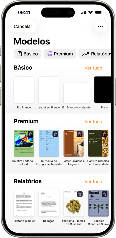 Seletor de modelos, mostrando uma linha de categorias na parte superior na qual você pode tocar para filtrar as opções. Abaixo estão miniaturas de modelos predefinidos organizadas em linhas por categoria, começando com Novo na parte superior e seguidas por Recentes e Básico. O botão Ver Tudo aparece acima e à direita de cada linha de categoria.