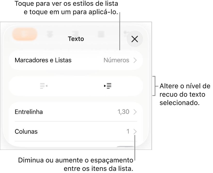 Seção “Marcadores e Listas” dos controles de Formatação, com chamadas para “Marcadores e Listas”, botões para aumentar ou diminuir o recuo e controles de entrelinha.