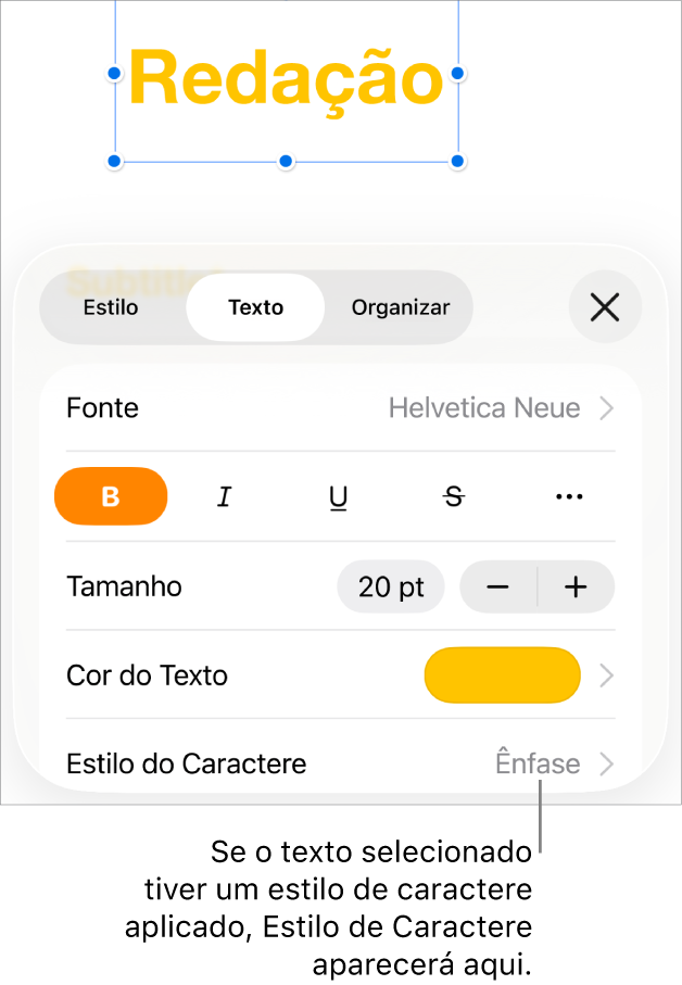 Os controles de formatação de texto com “Estilo de Caractere” abaixo dos controles de cor. O estilo de caractere Nenhum aparece com um asterisco.