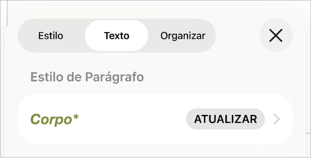 Estilo de parágrafo Corpo com um asterisco ao lado.