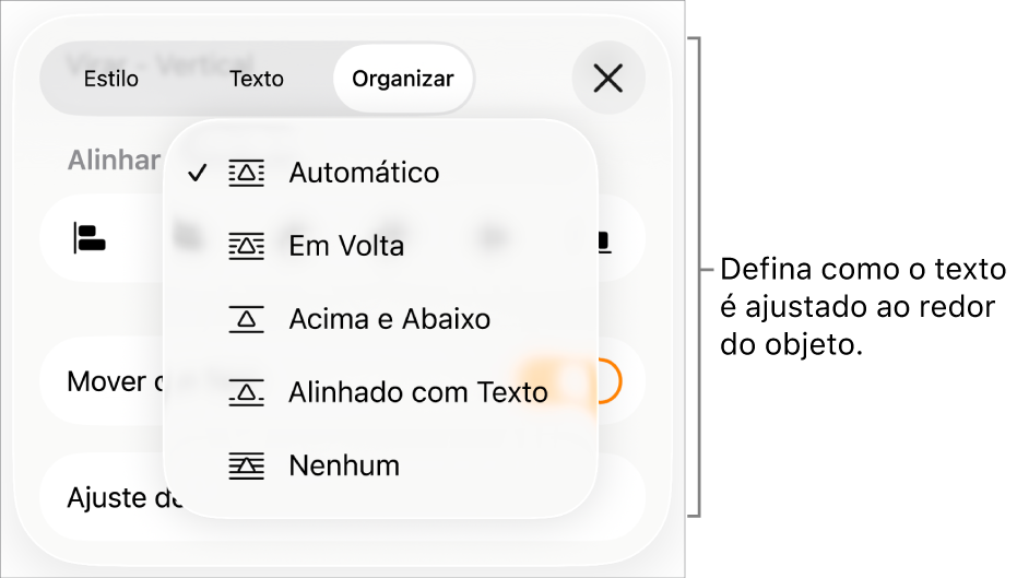 Controles em “Ajuste de Texto”, com ajustes Automático, Em Volta, “Acima e Abaixo”, “Alinhado com o Texto” e Nenhum.