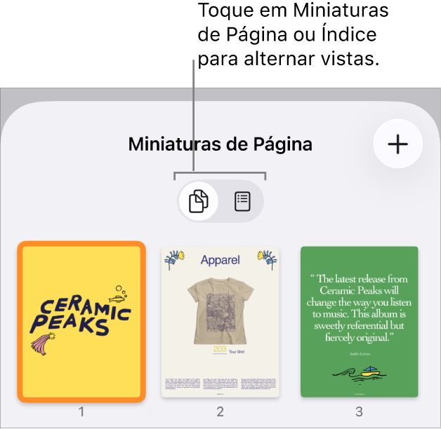 Visualização de Miniaturas de Página, com miniaturas de cada página. Os botões “Miniaturas de Página” e “Índice” aparecem na parte inferior da tela.