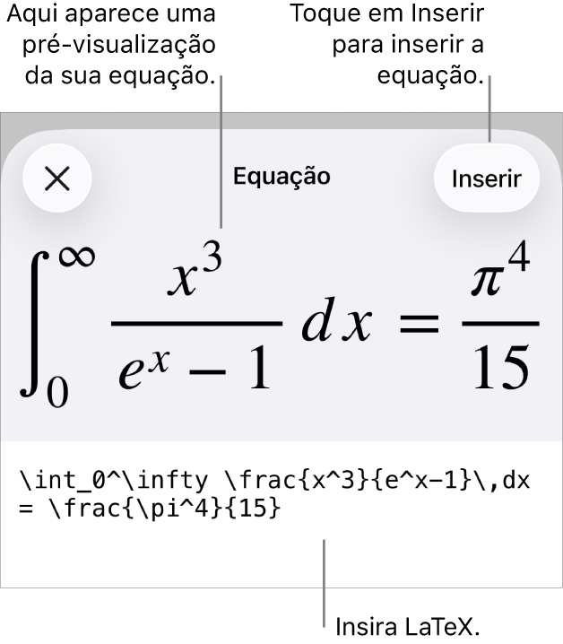 O diálogo de Equação, mostrando uma equação escrita com comandos LaTex e uma pré-visualização da fórmula acima.