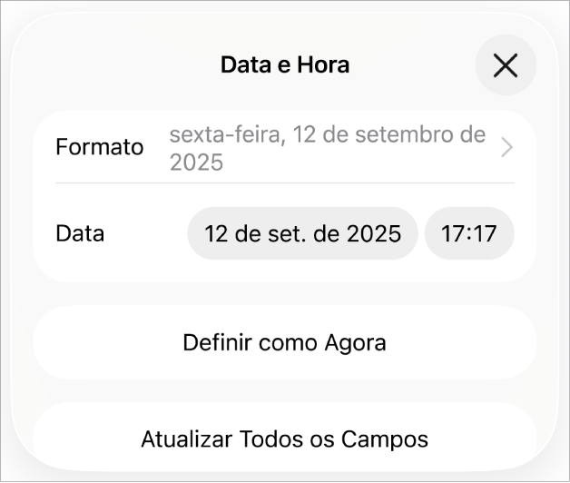 Controles de Data e Hora mostrando um menu pop-up para Formatar data e os botões Definir como Agora e Atualizar Todos os Campos.