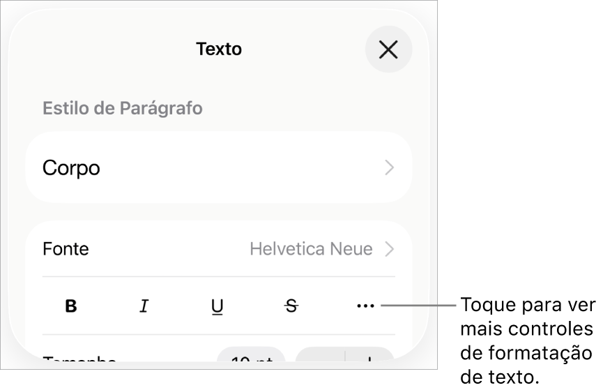 Aba Texto dos controles Formatar, com um balão explicativo para o botão “Mais opções de texto”.