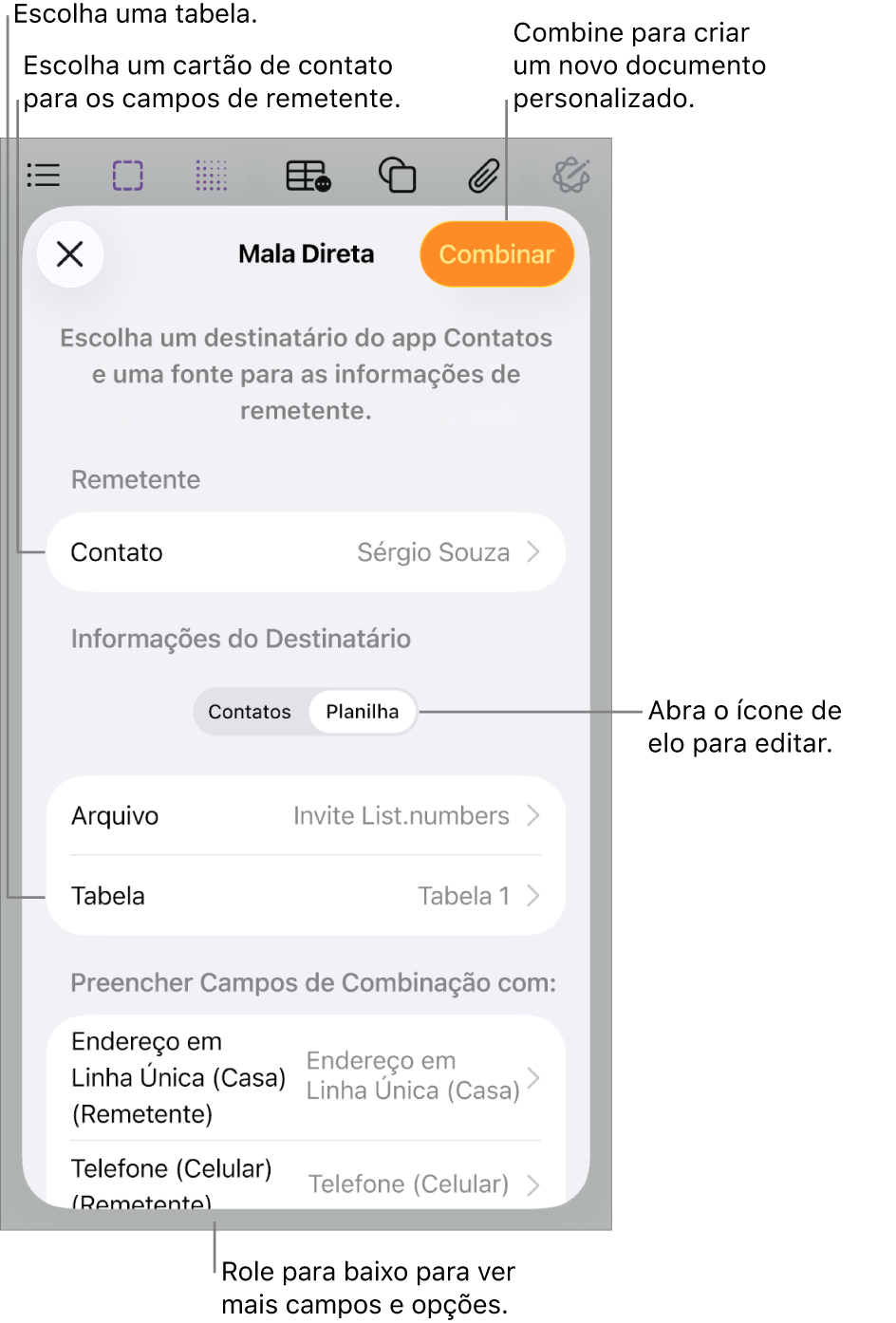 Painel Mala Direta aberto, com opções para escolher as informações do remetente, alterar o arquivo ou tabela de origem, pré-visualizar os nomes dos campos de mala direta ou combinar o documento.