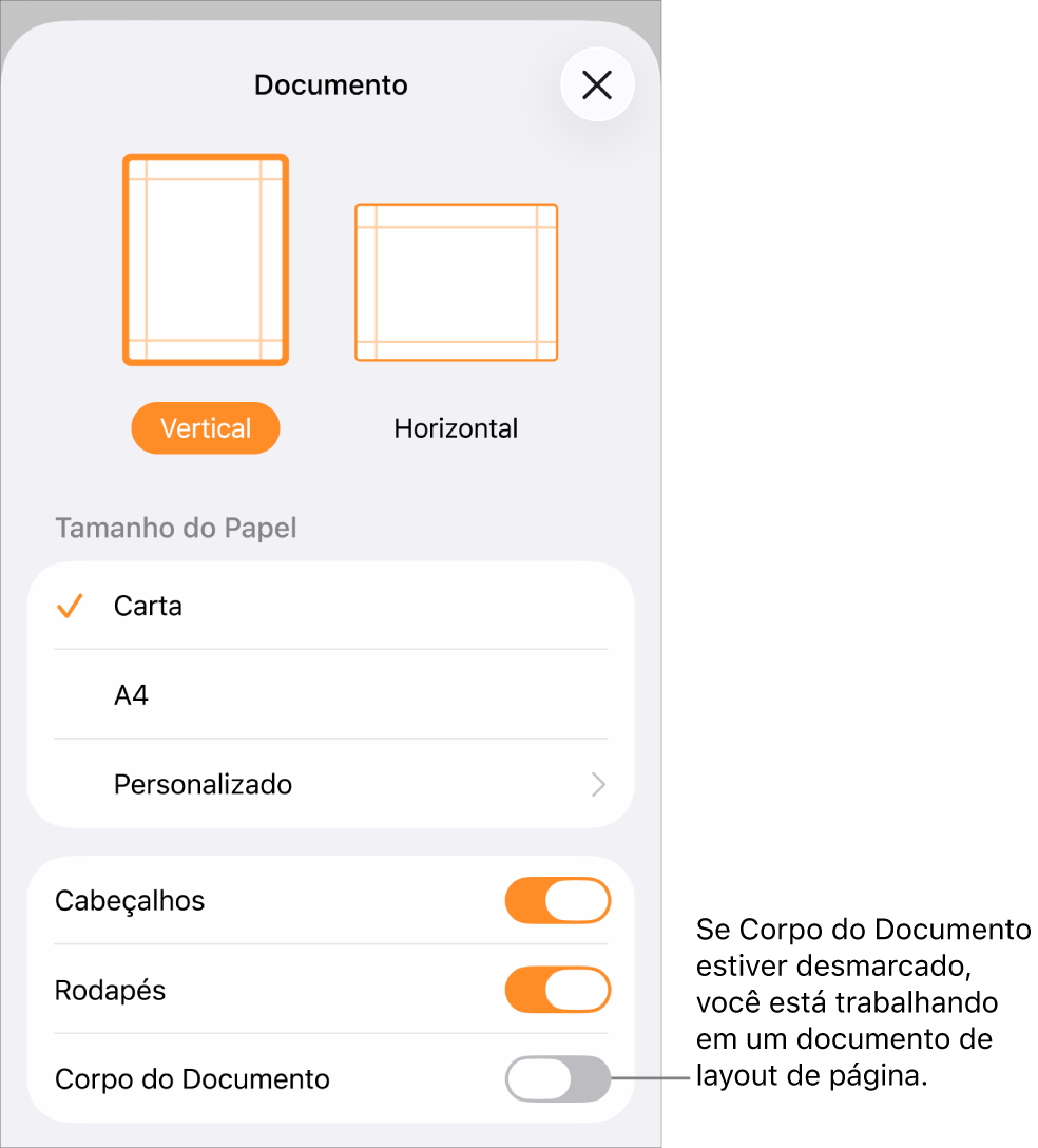 Configuração do Documento aberta com a opção Corpo do Documento desmarcada em um documento de layout de página.