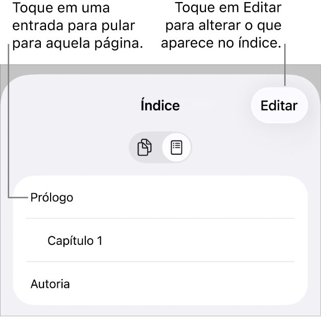 Visualização do índice, com os títulos em uma lista. O botão Editar aparece no canto superior direito e os botões “Miniaturas de Página” e “Índice” aparecem na parte inferior.