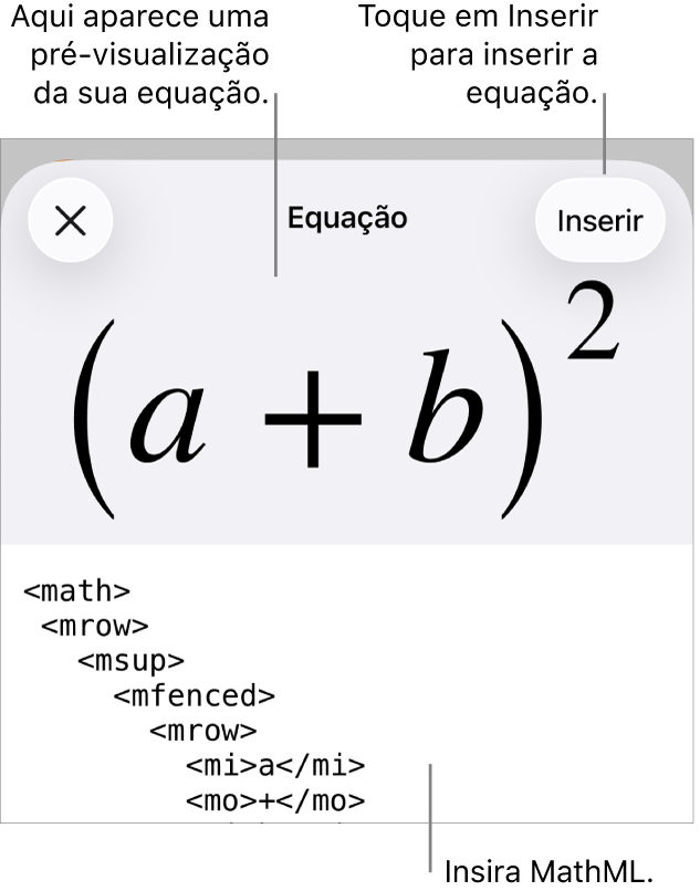 O diálogo de Equação, mostrando uma equação escrita com comandos MathML e uma pré-visualização da fórmula acima.