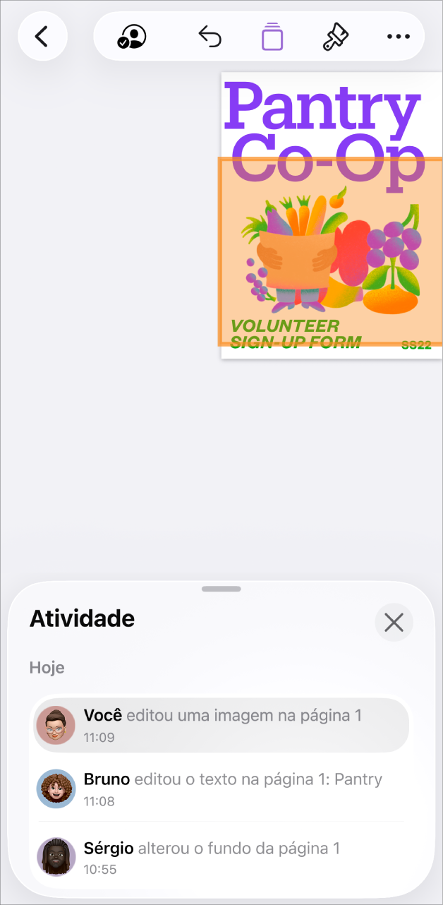 Menu de colaboração com participantes atuais listados.