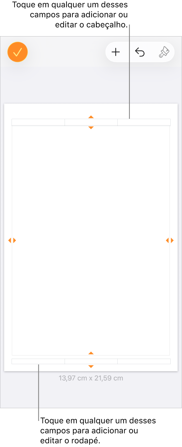 Visualização Mais Opções, com três campos na parte superior do documento para o cabeçalho e três campos na parte inferior para o rodapé.