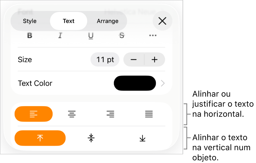 O painel "Disposição” com chamadas para os botões de alinhamento e espaçamento de texto.