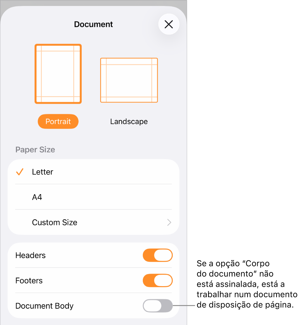 A opção “Configurar documento” aberta com a opção “Corpo do documento” desassinalada num documento de disposição de página.