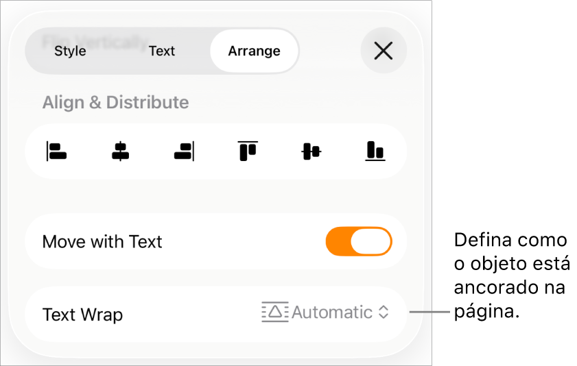 Os controlos "Ordem” com “Mover com texto” e “Ajuste de texto”.