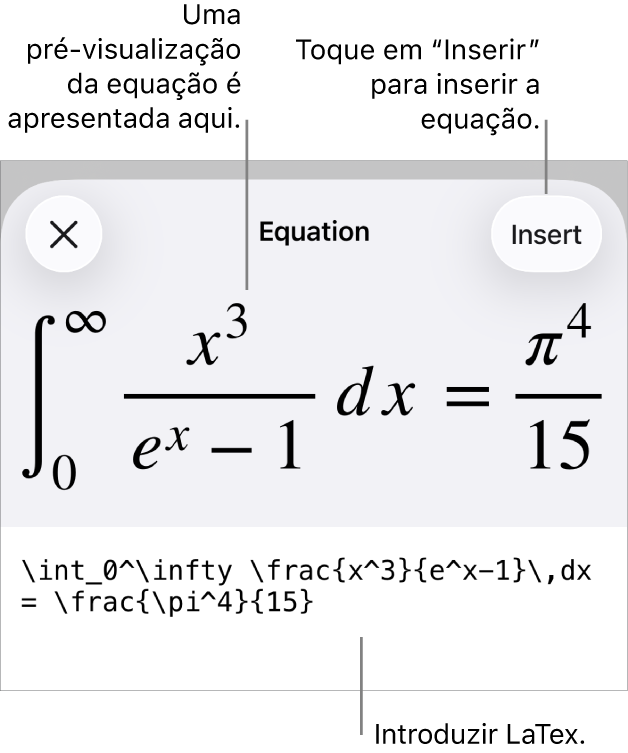 A caixa de diálogo “Equação”, apresentando uma equação escrita com recurso aos comandos LaTeX e uma pré-visualização da fórmula em cima.
