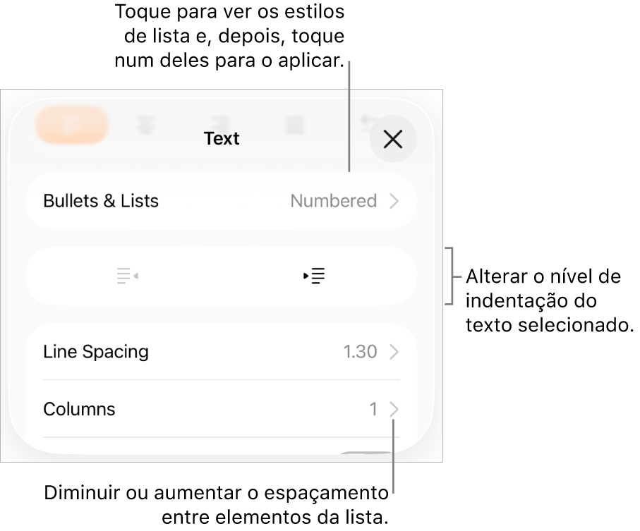 A secção “Marcas e listas” dos controlos de “Formatação” com chamadas para “Marcas e listas”, botões de remover indentação e de indentação e controlos de espaçamento.